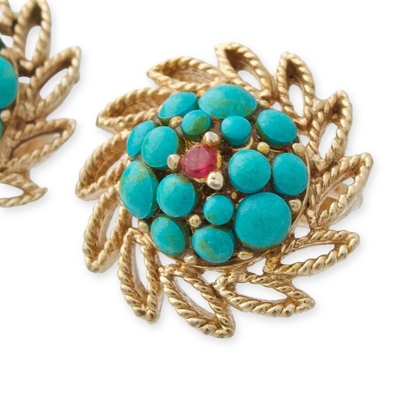 Vintage Faux Turquoise Ruby Glass Cluster Clip On Earrings Gold Plated Sunburst - Picture 2 of 5